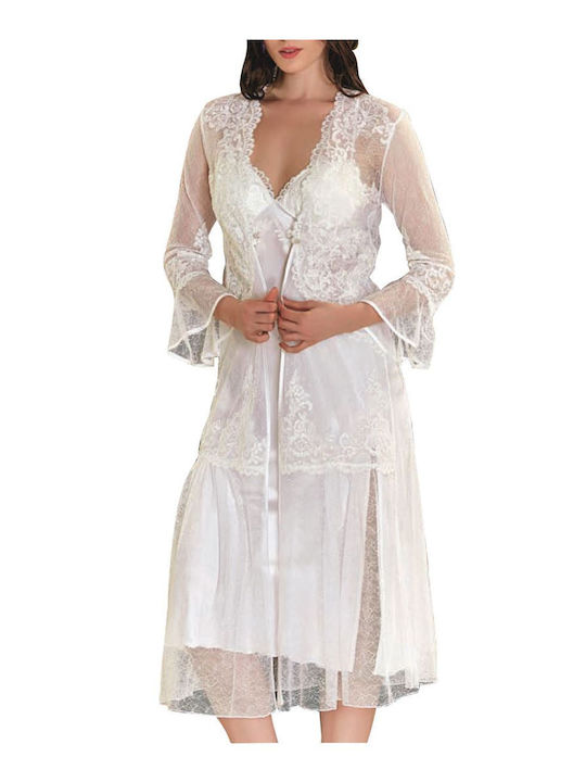 FMS Winter Braut Damen Satin Robe mit Nachthemd Weiß