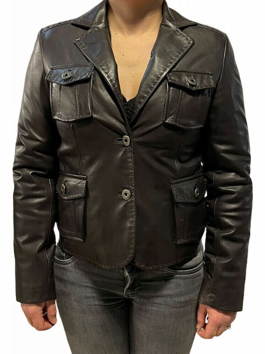 MARKOS LEATHER Κοντό Γυναικείο Δερμάτινο Μεσάτο Σακάκι Καφέ