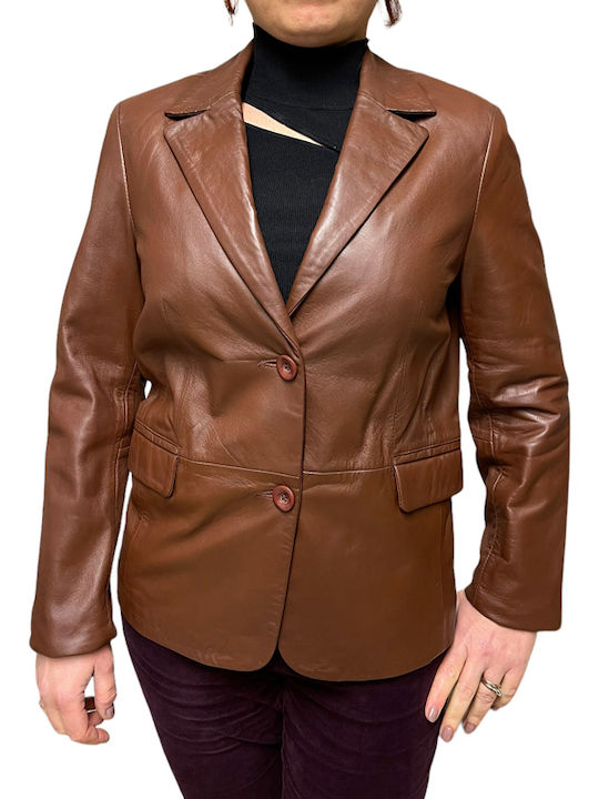 MARKOS LEATHER Γυναικείο Δερμάτινο Σακάκι Ταμπά