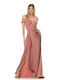 Farmaki Maxi Dress for Wedding / Baptism Draped Satin Off-Shoulder Pink