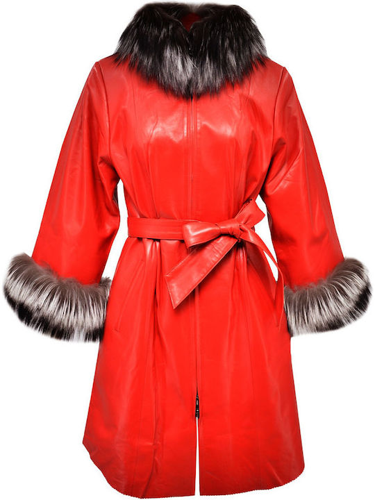 Leather Women's Red Peacoat with Fur Details