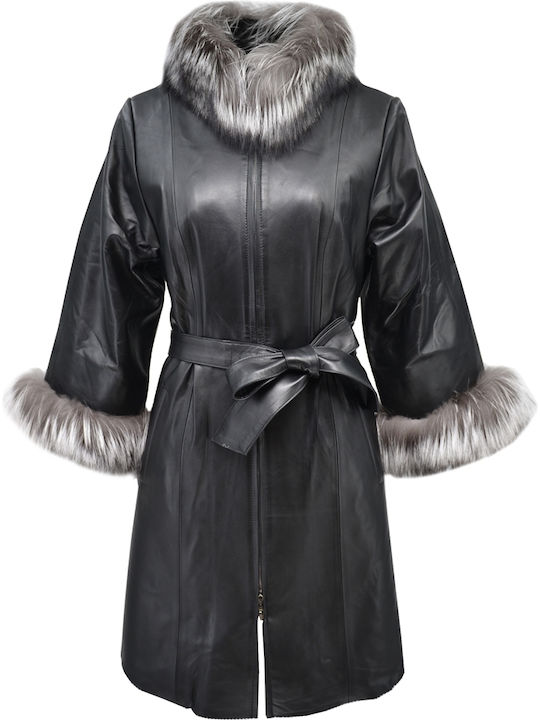 Leather Women's Black Peacoat with Fur Details