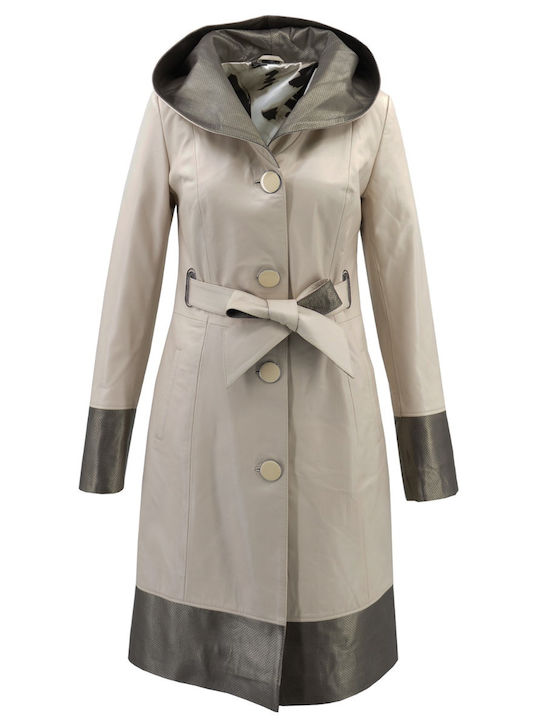 Leather Women's Beige Peacoat with Hood