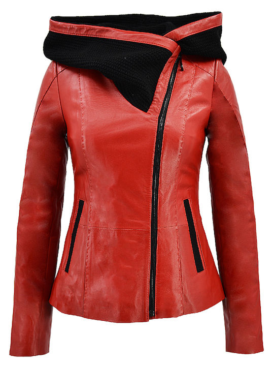 Women's Short Lifestyle Leather Jacket for Spring or Autumn with Hood Red