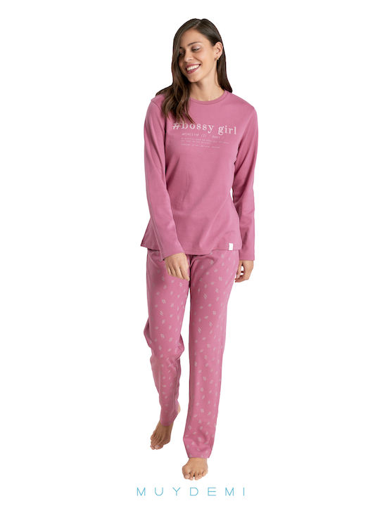 Muydemi Winter Damen Pyjama-Set Baumwolle Rosa