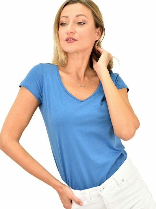 Potre Women's Blouse Cotton Short Sleeve with V Neckline Light Blue