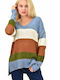 Potre Women's Long Sleeve Sweater Woolen with V Neckline Striped Light Blue