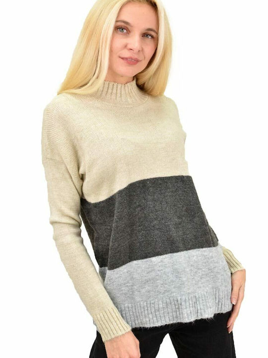 Potre Women's Long Sleeve Sweater Woolen Striped Gray