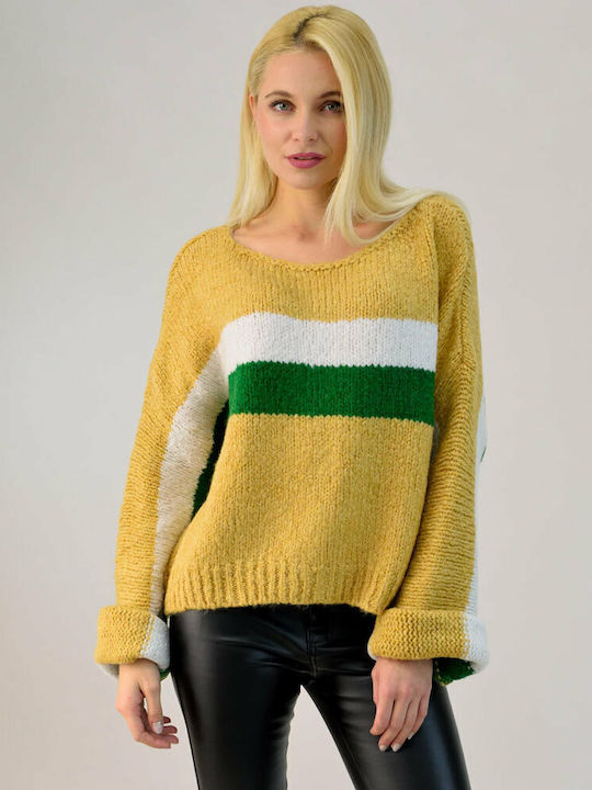 Potre Women's Long Sleeve Sweater Striped Yellow