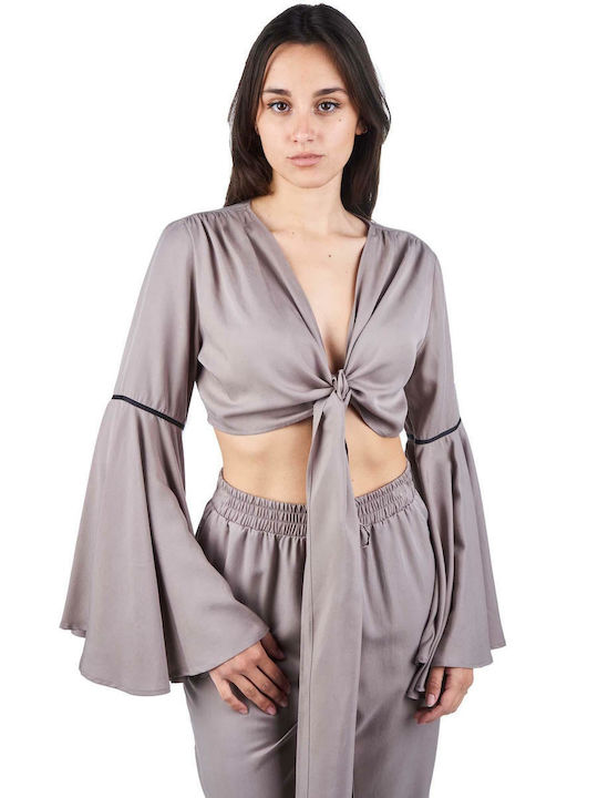 Zoya Damen Bluse Langärmelig mit V-Ausschnitt Gray