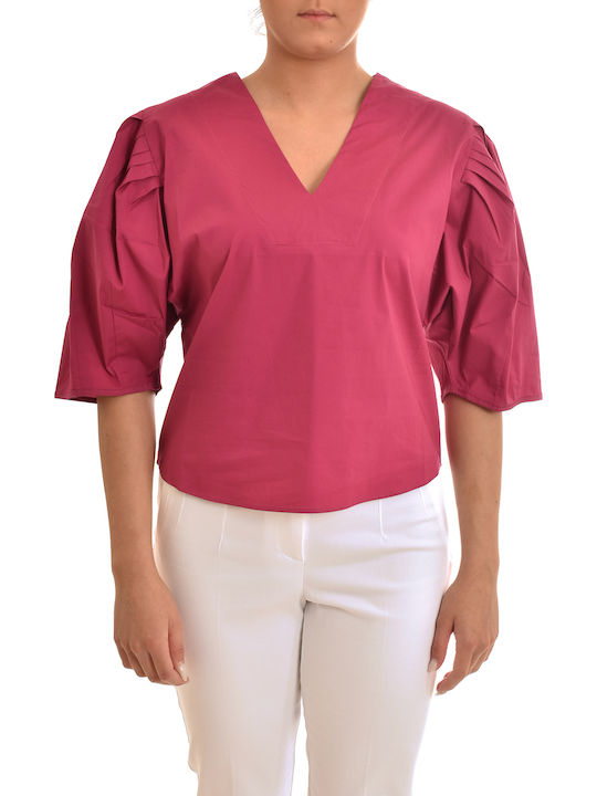 Damen Sommer Bluse Kurzärmelig mit V-Ausschnitt Blumen Fuchsie