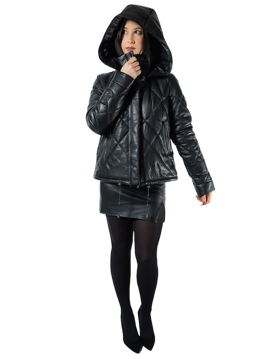 MARKOS LEATHER Women's Short Puffer Leather Jacket for Winter with Detachable Hood Black