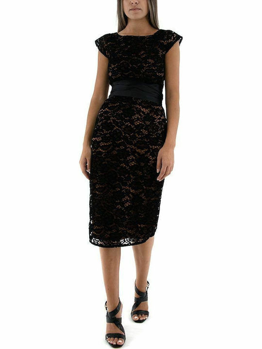 Summer Midi Evening Dress Open Back with Lace Black