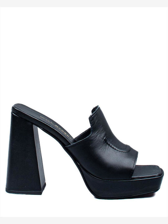 Leather Mules with Chunky High Heel in Black Color