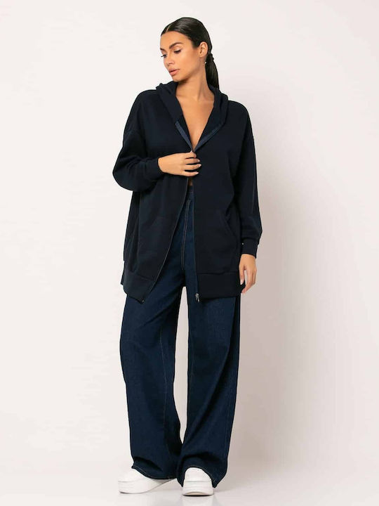 Lang Damen Sweatshirtjacke Kapuzen Navy