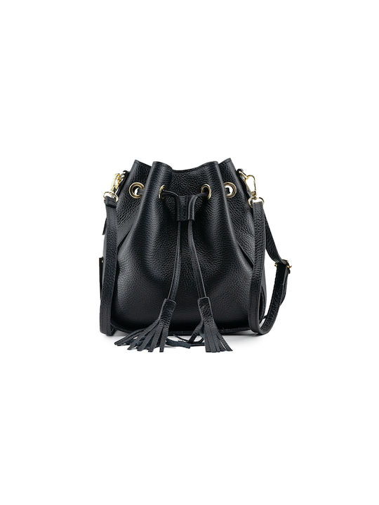 Leather Bags Δερμάτινο Γυναικείο Πουγκί Ώμου Μαύρο