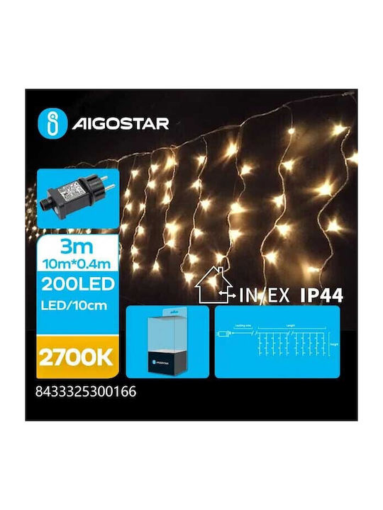 200 Christmas Lights LED Warm White of type Curtain with Transparent Cable and Programs Aigostar