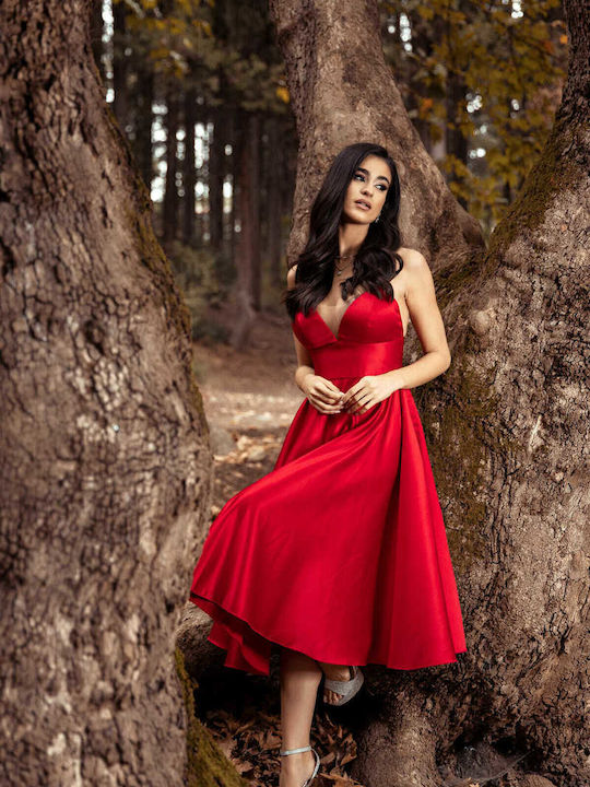 RichgirlBoudoir Midi Βραδινό Φόρεμα Κομπινεζόν Σατέν Κόκκινο