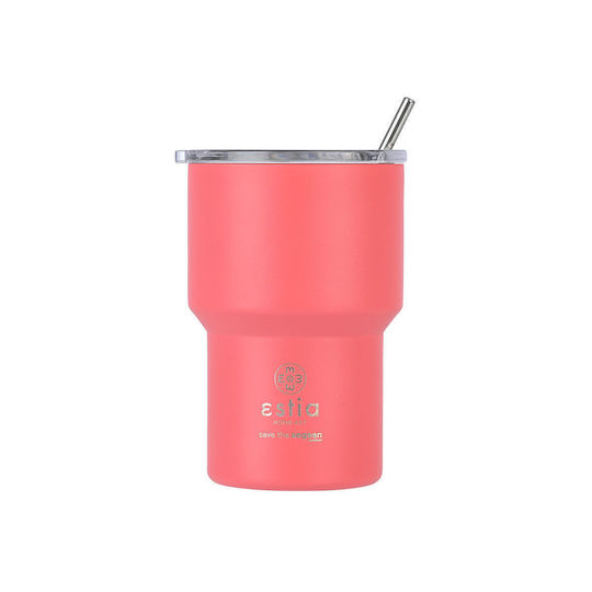 Estia Coffee Mug Lite Save The Aegean Recyclable Thermos Stainless Steel BPA Free 400ml Fusion Coral with Straw