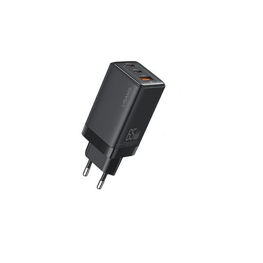 Usams Ladegerät ohne Kabel GaN mit USB-A Anschluss und 2 USB-C Anschlüsse 65W Stromlieferung Schwarzs (US-CC180)