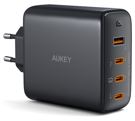 Aukey Ladegerät ohne Kabel GaN mit USB-A Anschluss und 3 USB-C Anschlüsse 100W Stromlieferung Schwarzs (PA-B7S)