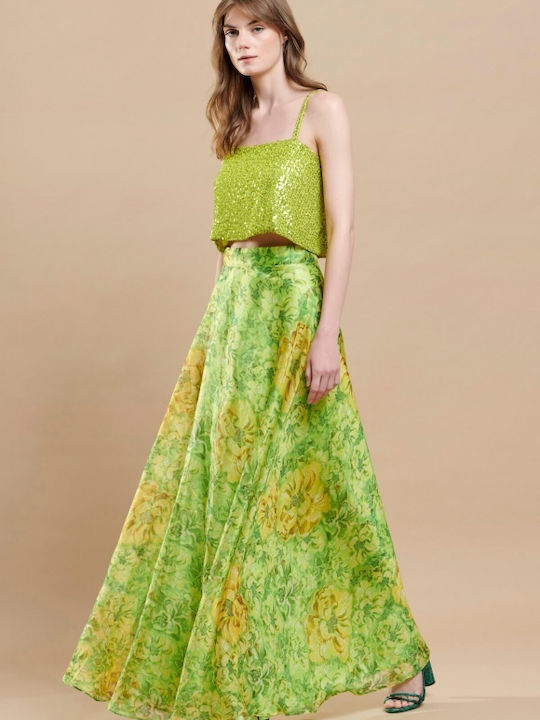 Matis Fashion Σατέν Φούστα Floral σε Πράσινο χρώμα