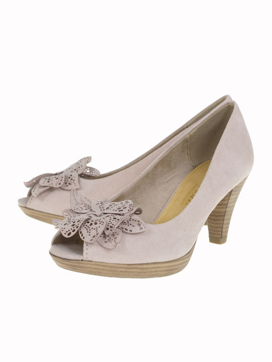 Marco Tozzi Leather Peep Toe Beige Heels