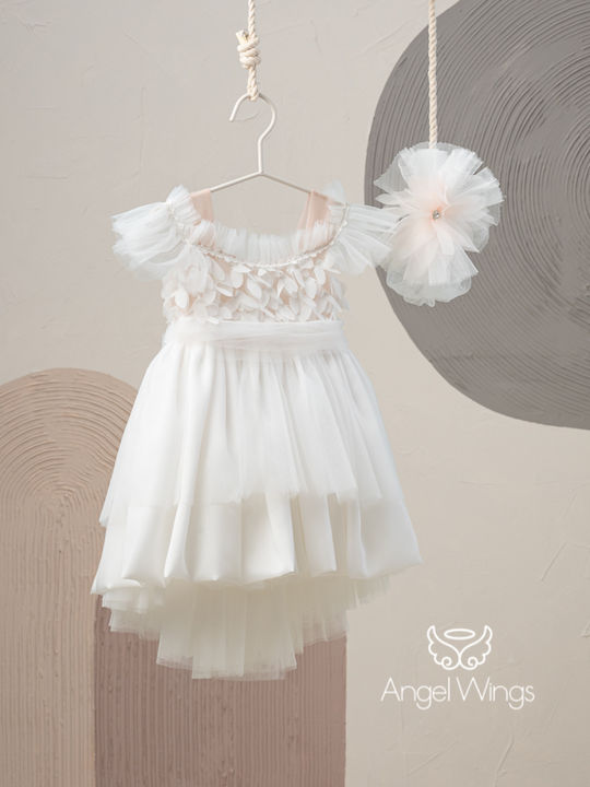 Angel Wings Ecru Baptism Clothes Set with Hair Accessories and Tulle Dress 2 Pieces