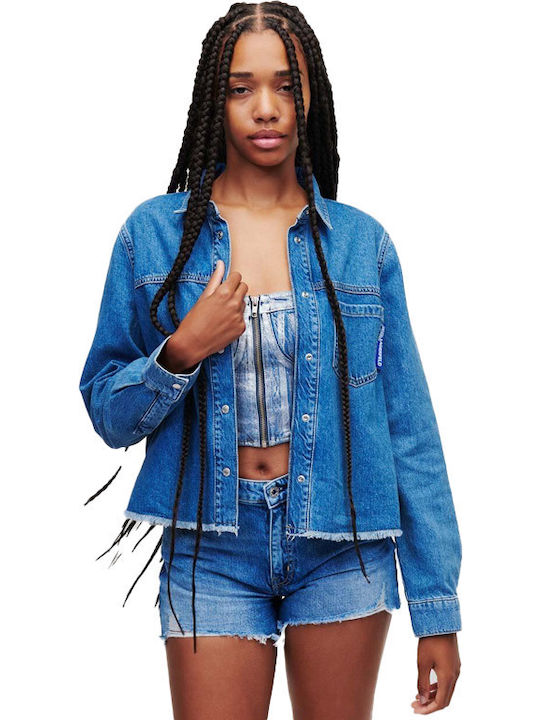 Langärmelig Damen Denim Hemd Blue