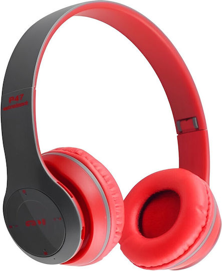 P47 Wireless / Wired On Ear Headphones with Radio with 6 hours of Operation Red / Black