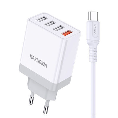 Kakusiga Φορτιστής με 4 Θύρες USB-A και Καλώδιο USB-C Λευκός (KSC-913)