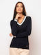 Heavy Tools Long-sleeved Women's Pullover with V Neckline Striped Blue