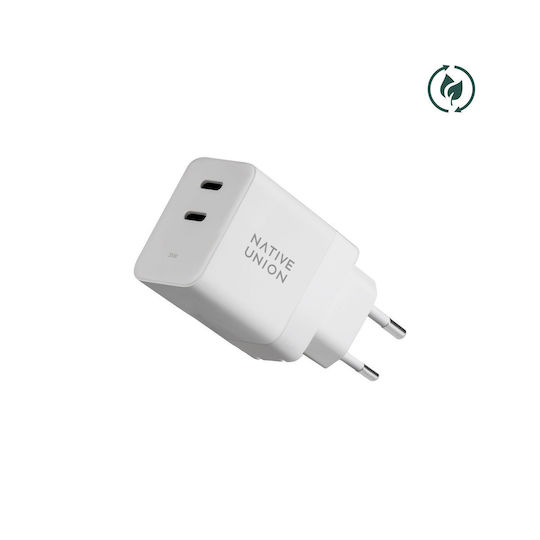 Native Union Зарядно Устройство Без Кабел GaN с 2 USB-C Изходни Порта 35W Power Delivery Бял (Fast GaN)