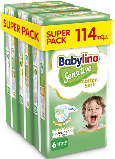 Βρεφική πάνα Babylino Sensitive No6 13-18 Kg SUPER PACK 114 τμχ – Φροντίδα για Ευαίσθητο Δέρμα