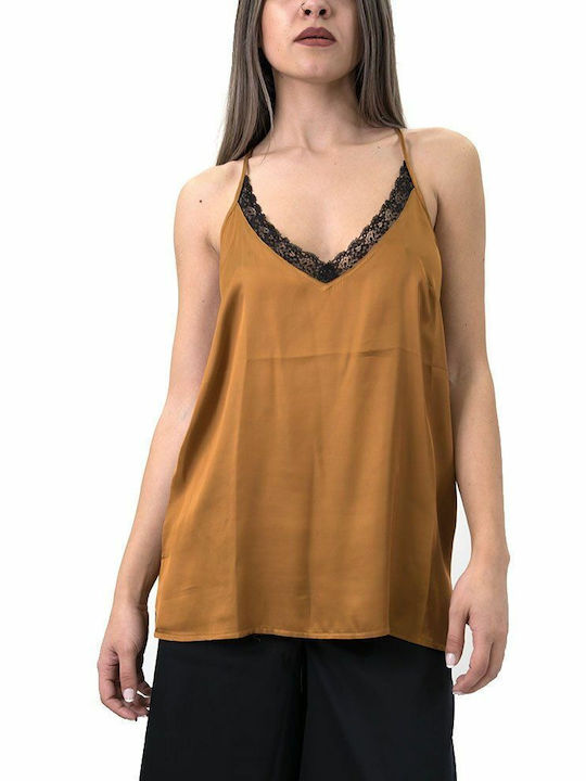 J'aime Les Garcons Women's Blouse with Straps & V Neckline Brown