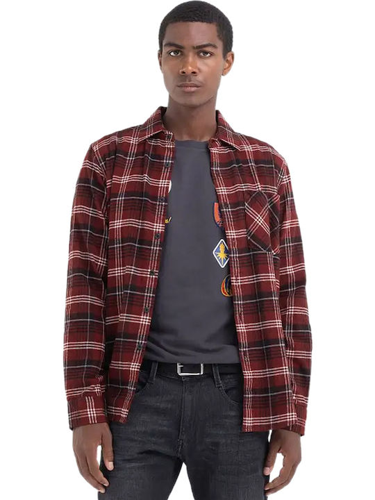 Long-sleeved Flannel Shirt Checked Red-Black-Black-Grey-Natural White.