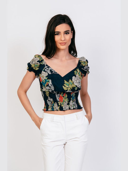 Donna Martha pentru Femei de Vară Crop Top cu Mâneci Scurte Albastru