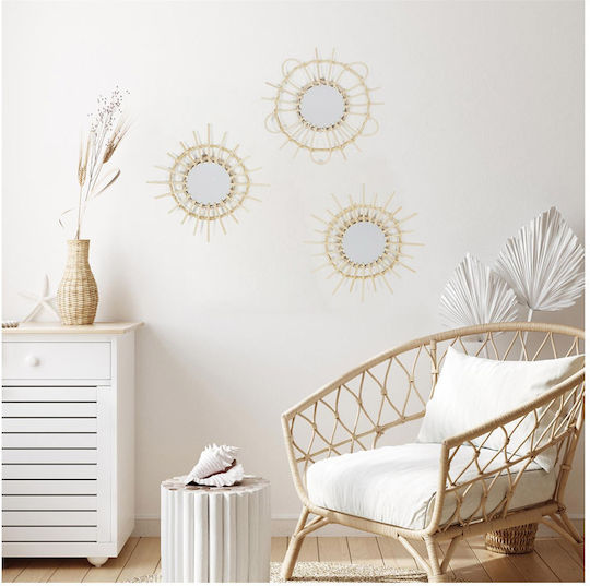 The Home Deco Factory Като Огледало за Стена с Бежов Дърво Рамка Диаметър 28см 3бр