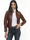 Women's Short Lifestyle Leather Jacket for Winter Brown