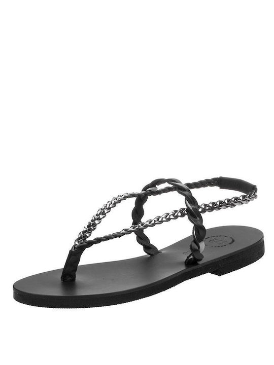 Baroque Leather Women's Flat Sandals in Black Color