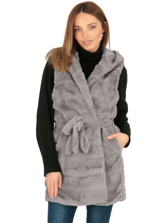 Silia D Women's Sleeveless Long Fur Gray
