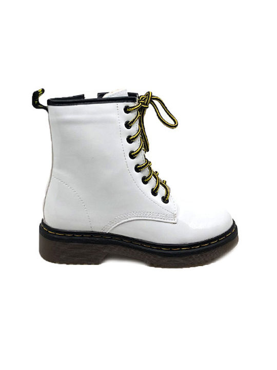 Queen Accessories Kids Patent Leather Military Boots White