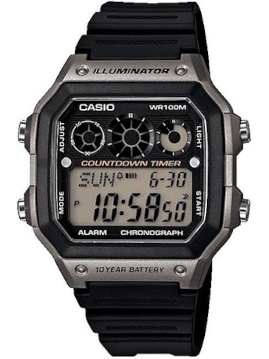 Casio Колекция Дигитален Мъжки Часовник 45мм Хронограф На Батерия С Черна Каучукова Каишка