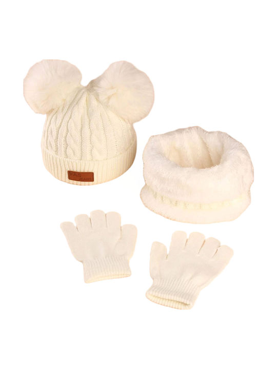 Kids Beanie Set with Scarf & Gloves Knitted White