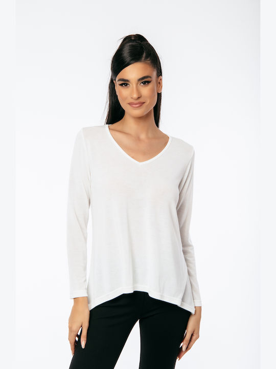 Boutique Women's Blouse Long Sleeve with V Neckline White
