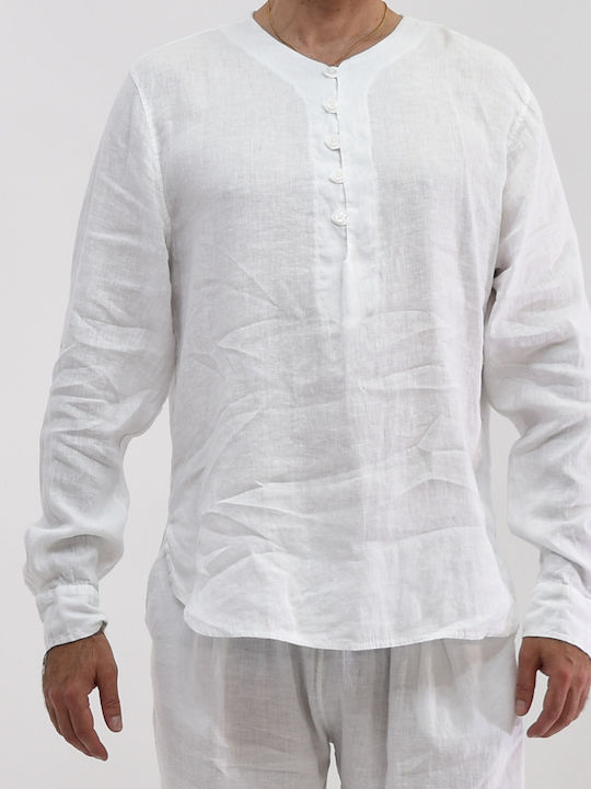 Aris Tsoubos Men's Lino Shirt Button At2292 Men's Shirt Long-sleeved Linen White