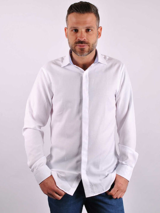 Fragosto Fragosto Slim Fit Shirt Ανδρικό Πουκάμισο Μακρυμάνικo Βαμβακερό με Στενή Γραμμή Λευκό