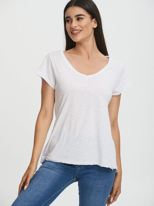 Lipsy London Women's Blouse Cotton Short Sleeve with V Neck White