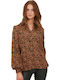 Women's Long Sleeve Blouse with V-Neck Animal Print Tobacco Brown Mix