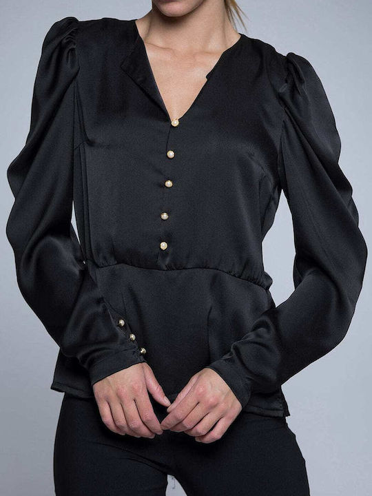 Twenty 29 Women's Blouse Satin Long Sleeve with Zipper Black